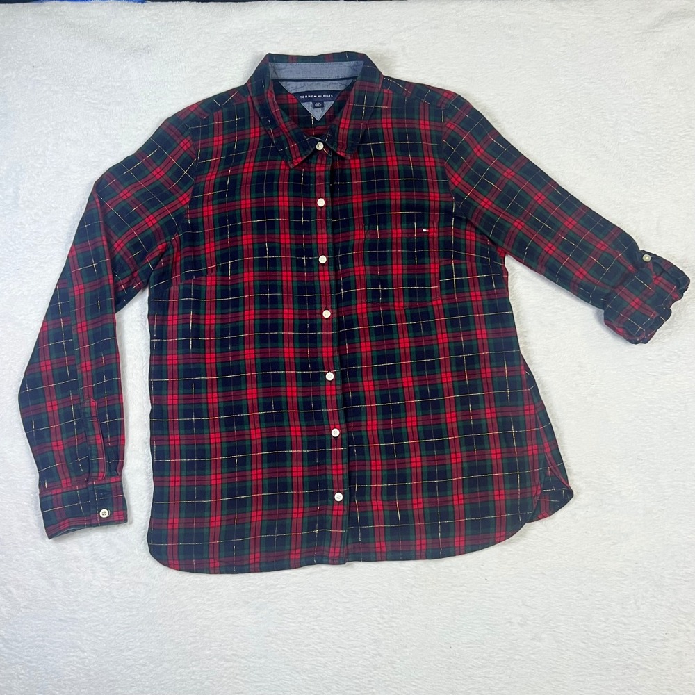 Tommy Hilfiger Womens Red Green Plaid Metallic Gold Thread Button Down Shirt L